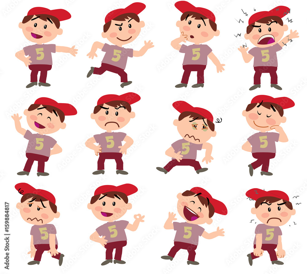 Cartoon character boy set with different postures, attitudes and poses, doing different activities in isolated vector illustrations. Cartoon character boy set with different postures, attitudes and poses, doing different activities in isolated vector illustrations.