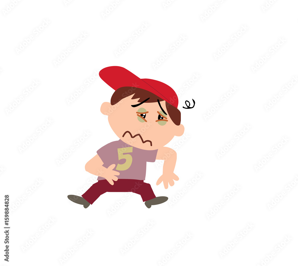 Cartoon character boy sick; isolated vector illustration.