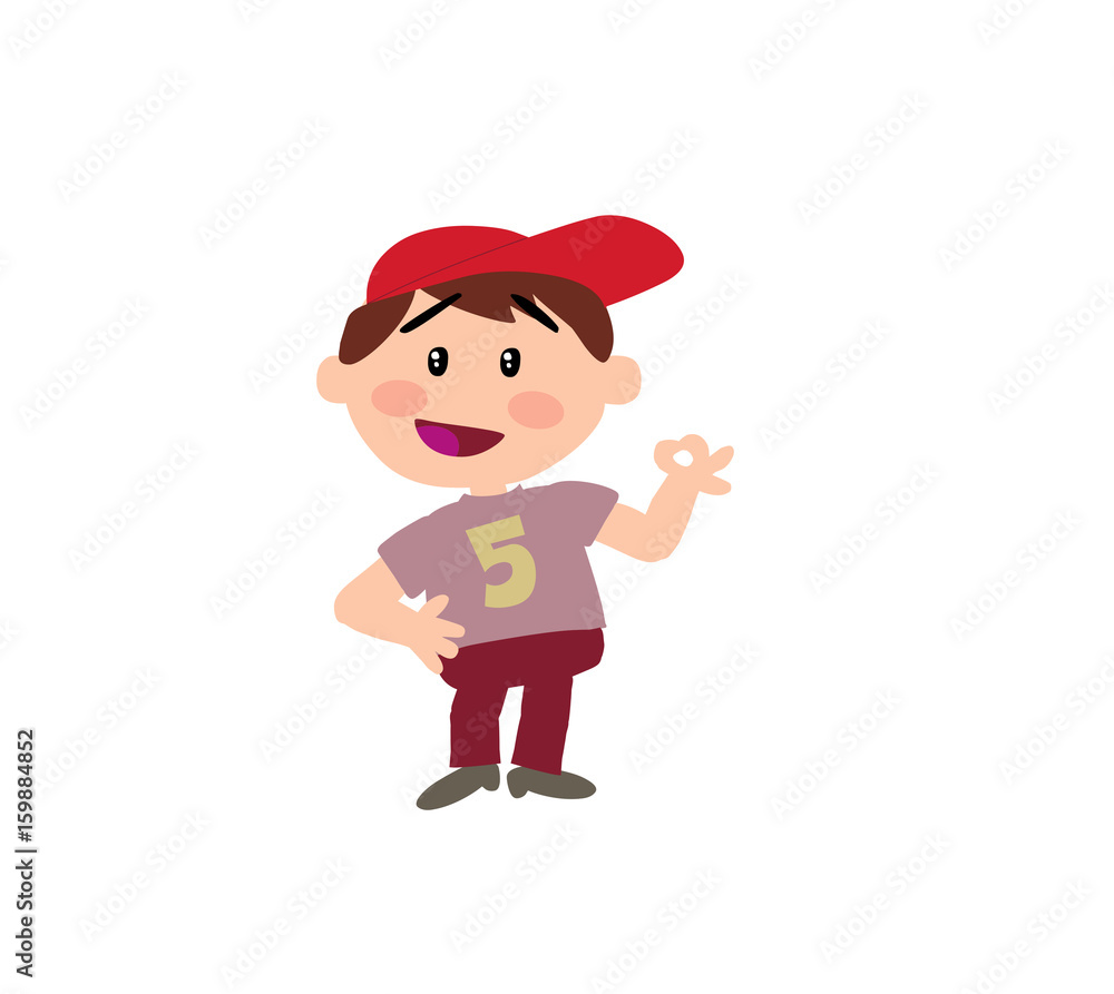Cartoon character boy in approval attitude; isolated vector illustration.