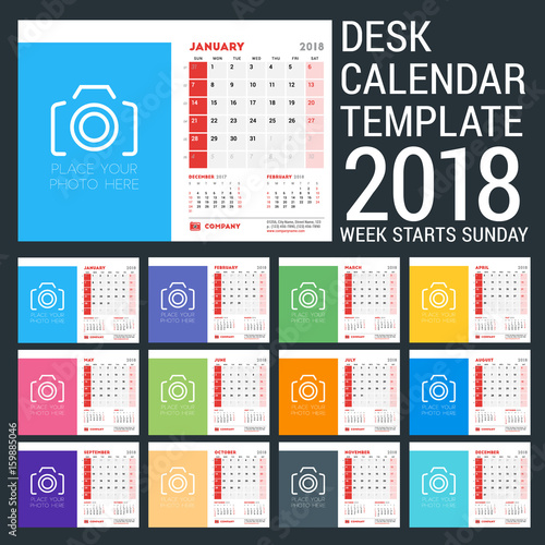 Desk Calendar Design Templatefor 2018 Year. Place for Photo. Week starts on Sunday. Vector Illustration photo