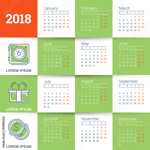 Calendar for 2018 year. Vector design template. Week starts on Monday. Flat style color vector illustration with business icons