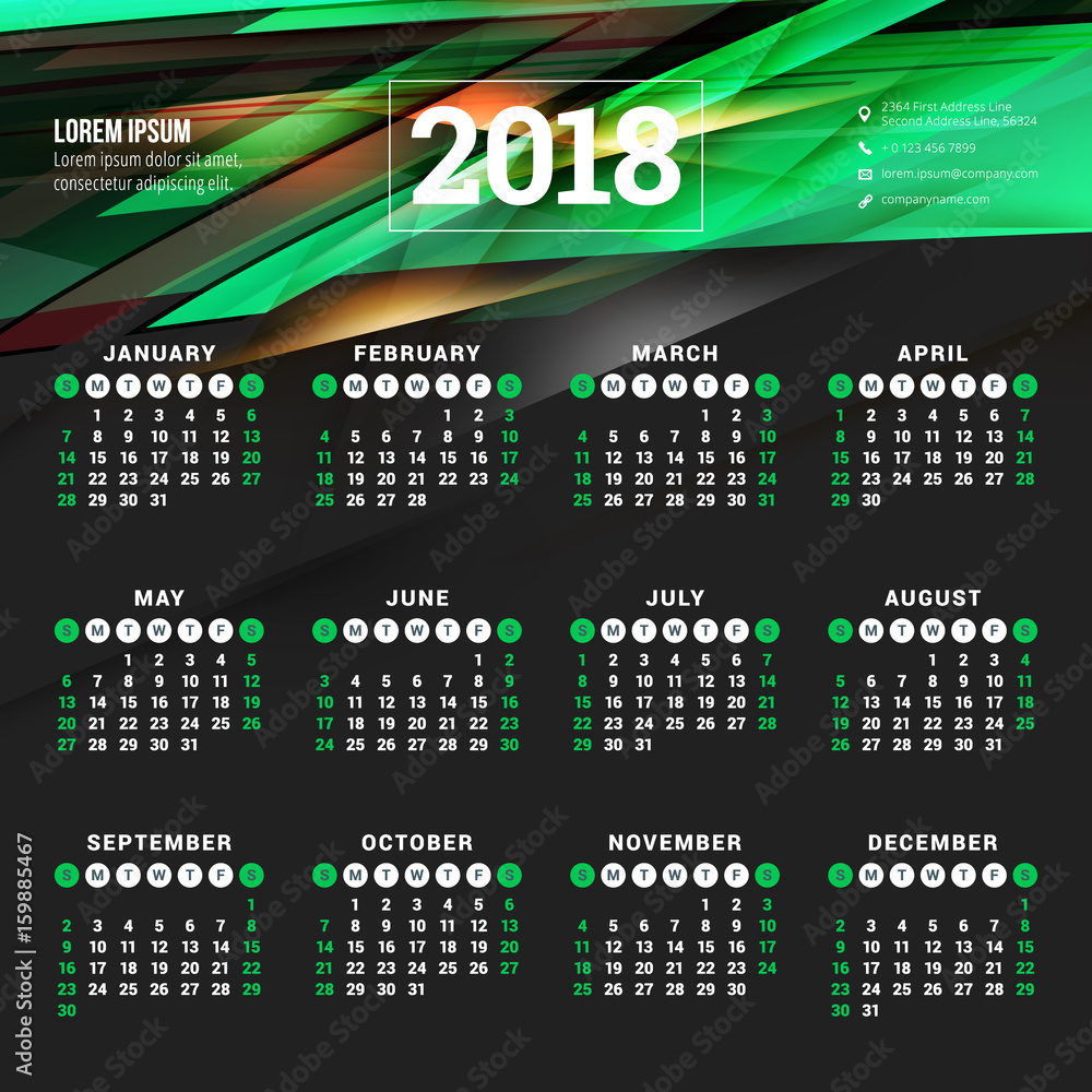Calendar for 2018 year vector design template week starts on sunday