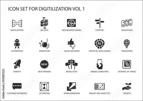 Digitilization vector icons for topics like big data, blockchain, automation, customer experience, mobile computing, internet of things, insights, analytics