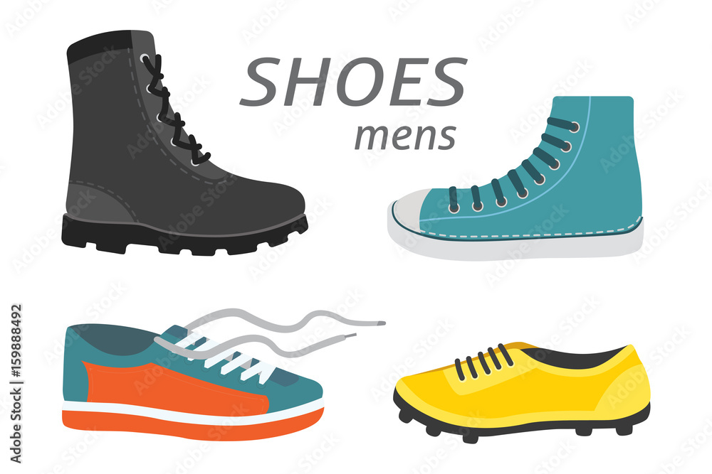 Male man season shoes in flat style. Men boots isolated set vector illustration Male man season shoes in flat style. Men boots isolated set vector illustration