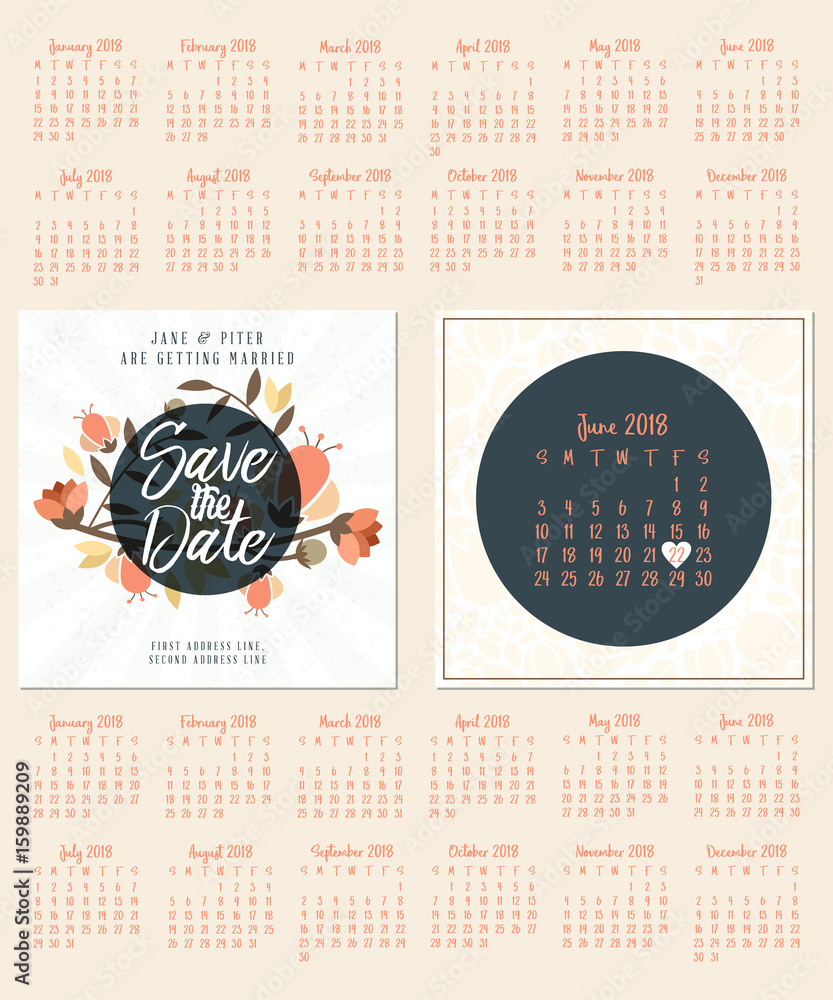 Save the date. Wedding invitation double-sided card design template. Calendar for 2018 year. Set of 12 months. Week starts on Sunday or Monday. Stationery design. Vector illustration Stock Vector | Adobe Stock save-the-date-wedding-invitation-double-sided-card-design-template-calendar-for-2018-year-set-of-12-months-week-starts-on-sunday-or-monday-stationery-design-vector-illustration-stock-vector-adobe-stock