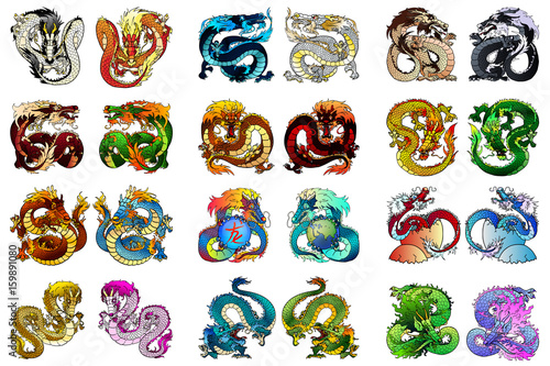 Big set 24 coloring asian dragon