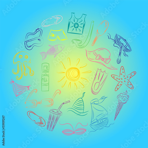 Hand Drawings of Summer Vacancies Symbols. Colorful Doodle Boats, Ice cream, Palms, Hat, Umbrella, Jellyfish, Cocktail, Sun Arranged in a Circle on Blue. Vector Illustration.