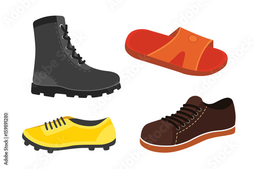 Male man season shoes in flat style. Men boots isolated set vector illustration