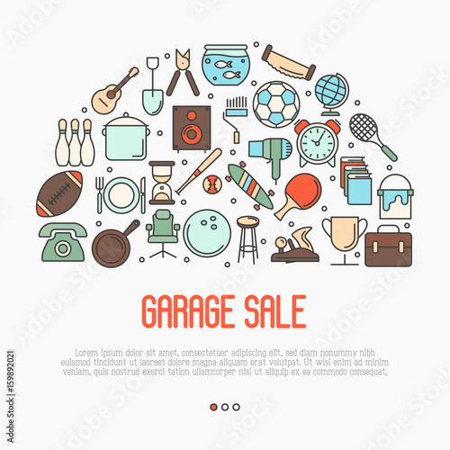 Garage sale or flea market concept in circle with text inside. Thin line vector illustration.