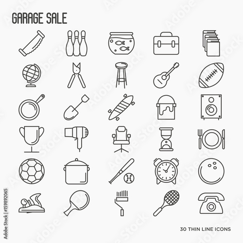 Garage sale or flea market related icons: old books, furniture, balls, house ware. Thin line vector illustration.