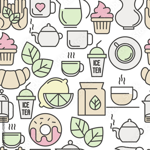 Seamless pattern of tea, tea ceremony and sale of tea beverages. Thin line vector illustration for web site background, banners and printed materials.