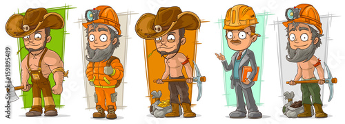 Cartoon digger lumberjack character vector set