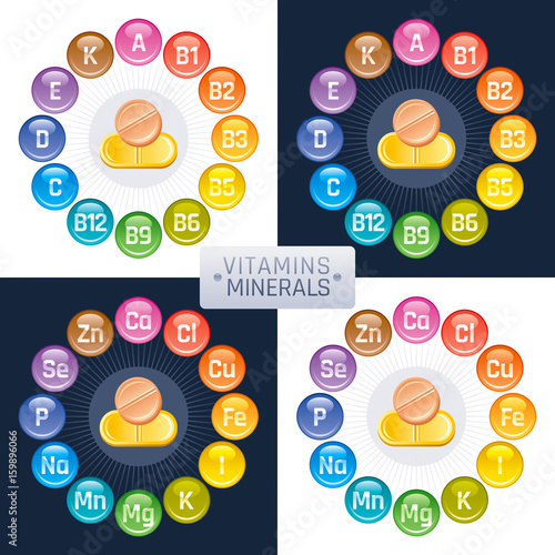 Mineral Vitamin supplement icons, a, b, c, d, e, calcium, iron, iodine, sodium, potassium, magnesium, selenium, zinc, phosphorus. Flat logo, isolated background. Diet infographic vector illustration