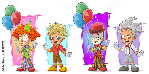 Cartoon clown with balloon character vector set