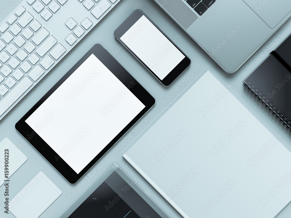 Computer, laptop, digital tablet, mobile phone, virtual headset and newspaper on grey background. IT concepts . Computer, laptop, digital tablet, mobile phone, virtual headset and newspaper on grey background. IT concepts .