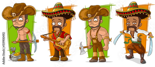 Cartoon mexicans and cowboys character vector set