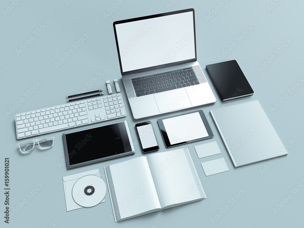 Computer, laptop, digital tablet, mobile phone, virtual headset and newspaper on grey background. IT concepts . Computer, laptop, digital tablet, mobile phone, virtual headset and newspaper on grey background. IT concepts .
