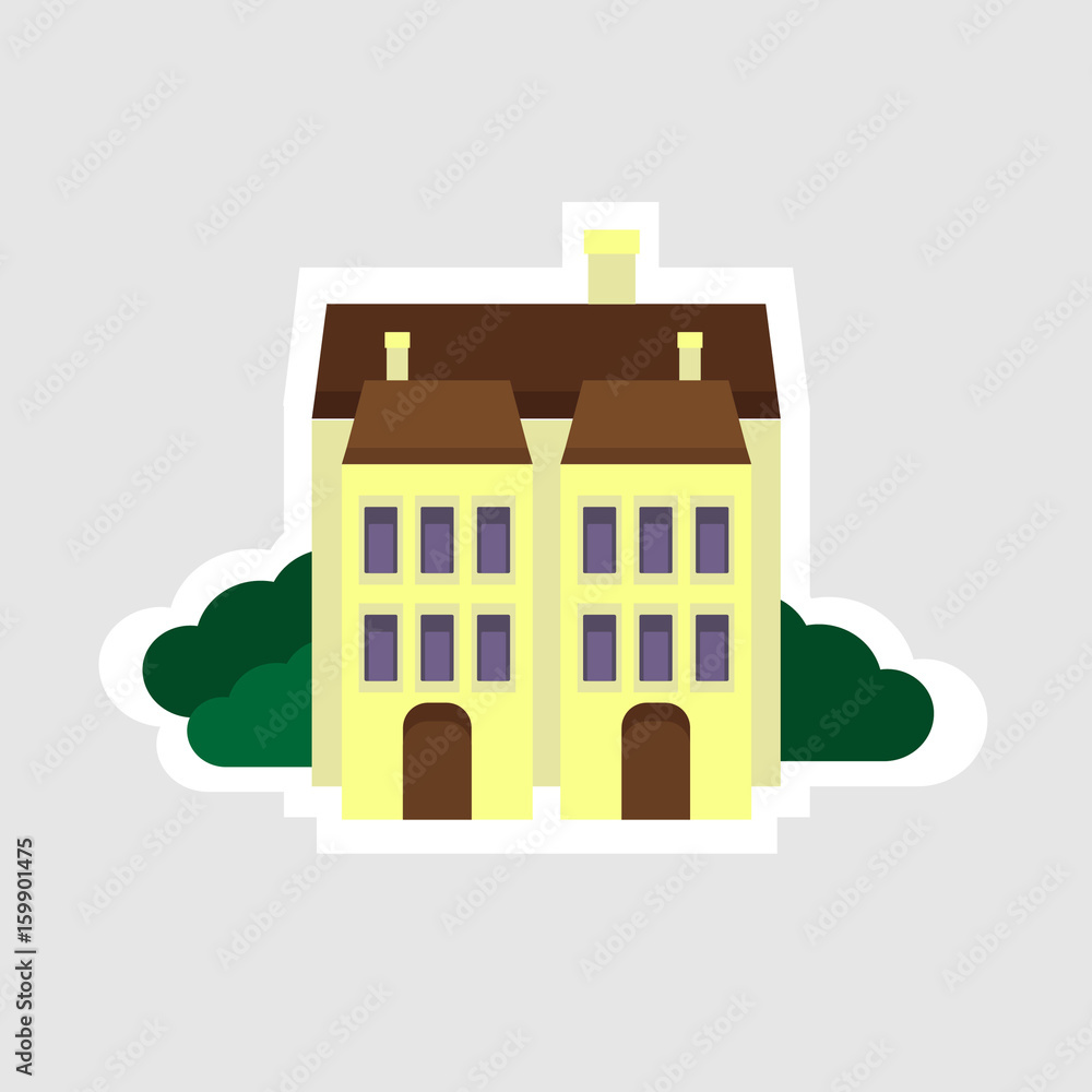 Sticker style icon of house with trees. Yellow building with white outline Sticker style icon of house with trees. Yellow building with white outline