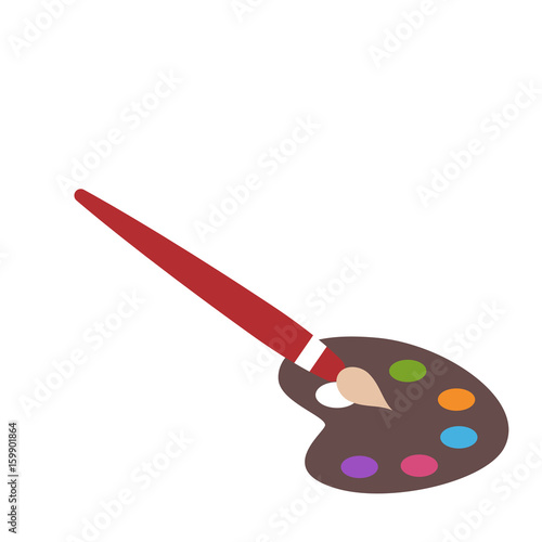 Illustration is a painting material object paint palette and brush. Ideal for children's books and institutional material