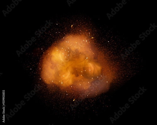 Huge, extremely hot explosion with sparks and hot smoke, against black background