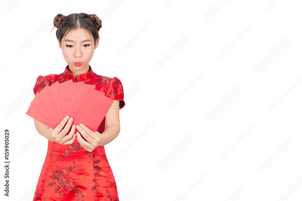 Asian girl in traditional and take Red envelopes chinese new year,Concept celebrating Chinese Lunar New Year or spring festival, ,isolated on white background. Asian girl in traditional and take Red envelopes chinese new year,Concept celebrating Chinese Lunar New Year or spring festival, ,isolated on white background.