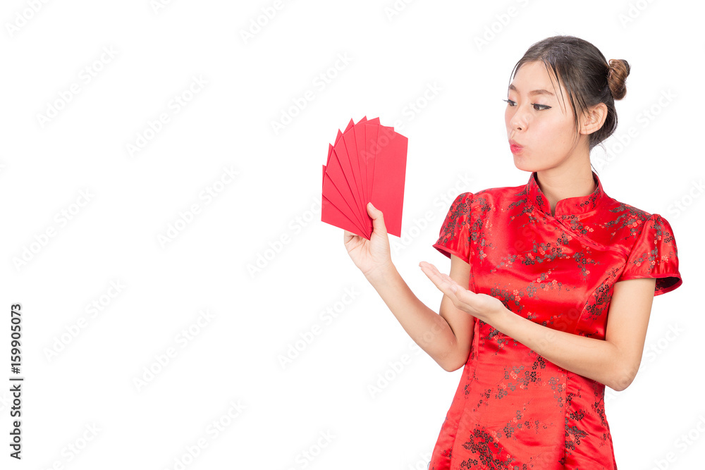 Asian girl in traditional and take Red envelopes chinese new year,Concept celebrating Chinese Lunar New Year or spring festival, ,isolated on white background. Asian girl in traditional and take Red envelopes chinese new year,Concept celebrating Chinese Lunar New Year or spring festival, ,isolated on white background.