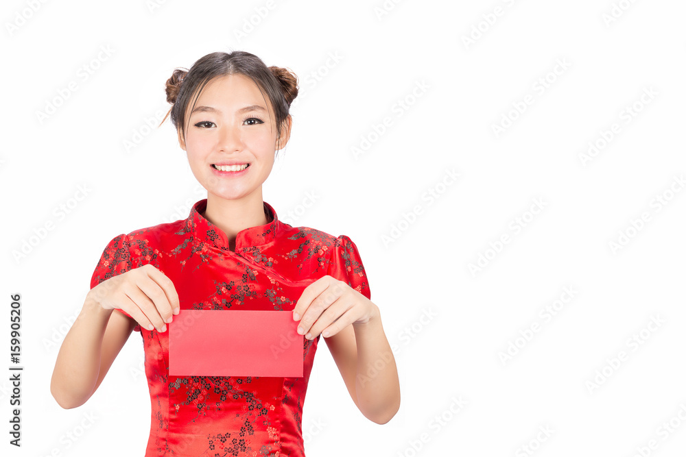 Asian girl in traditional and take Red envelopes chinese new year,Concept celebrating Chinese Lunar New Year or spring festival, ,isolated on white background. Asian girl in traditional and take Red envelopes chinese new year,Concept celebrating Chinese Lunar New Year or spring festival, ,isolated on white background.