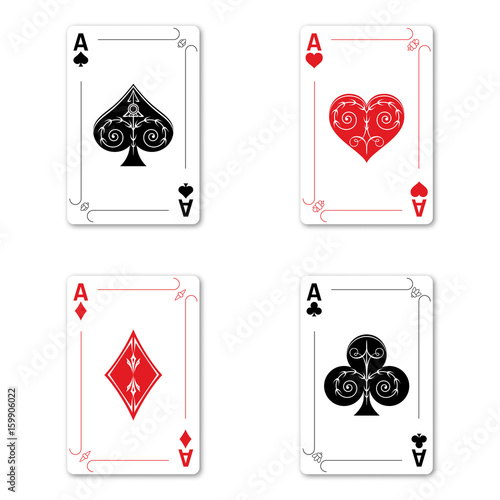 Set of four aces of a deck of cards for playing poker and casino on a white background. spades, diamonds, clubs and hearts.