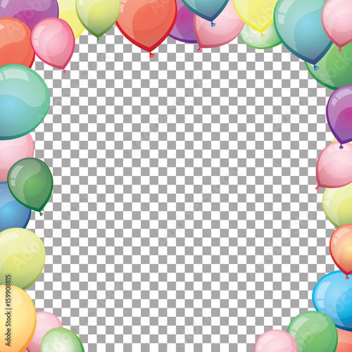 Happy birthday frame from flying colorful balloons on transparent background. Vector illustration.
