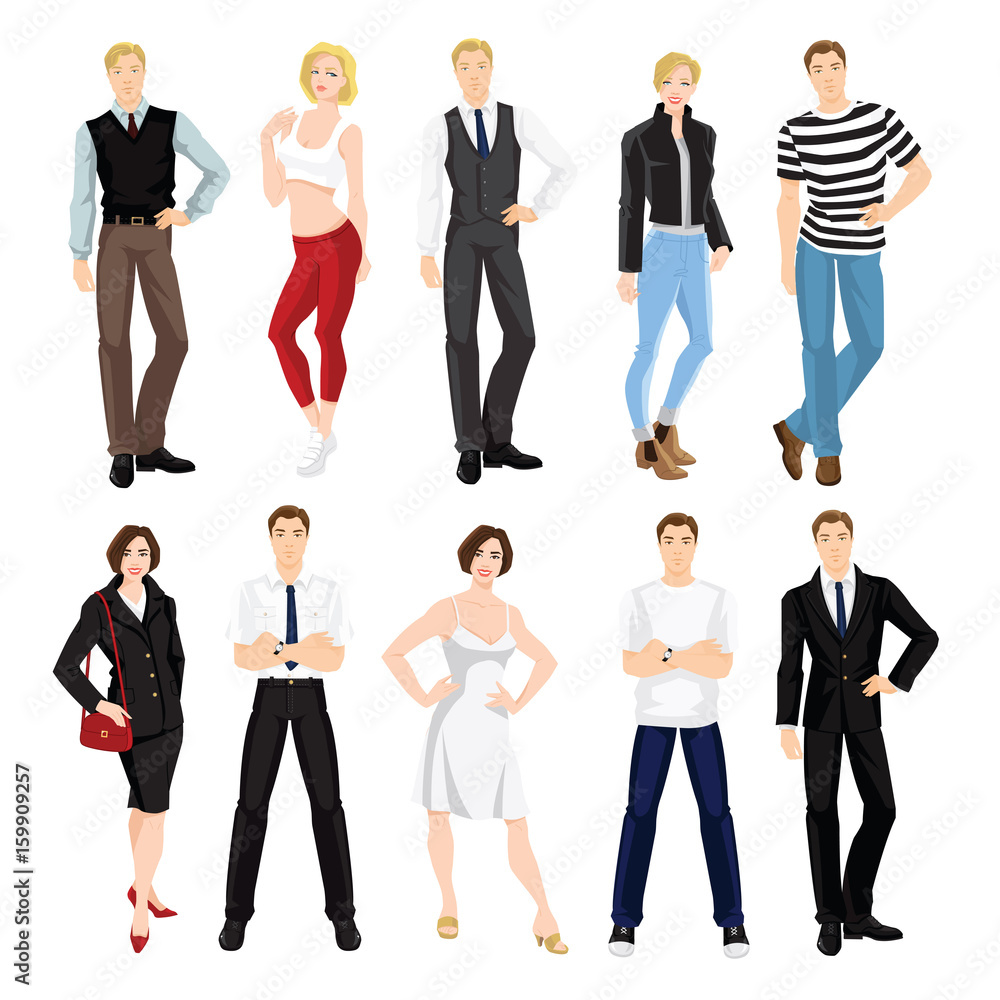 Vector illustration of people character in different clothes and pose isolated on white background. Group of man and woman in clothes for sport, work and holiday Vector illustration of people character in different clothes and pose isolated on white background. Group of man and woman in clothes for sport, work and holiday