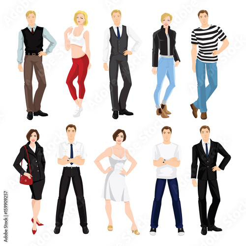 Vector illustration of people character in different clothes and pose isolated on white background. Group of man and woman in clothes for sport, work and holiday