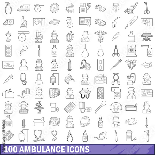 100 ambulance icons set, outline style
