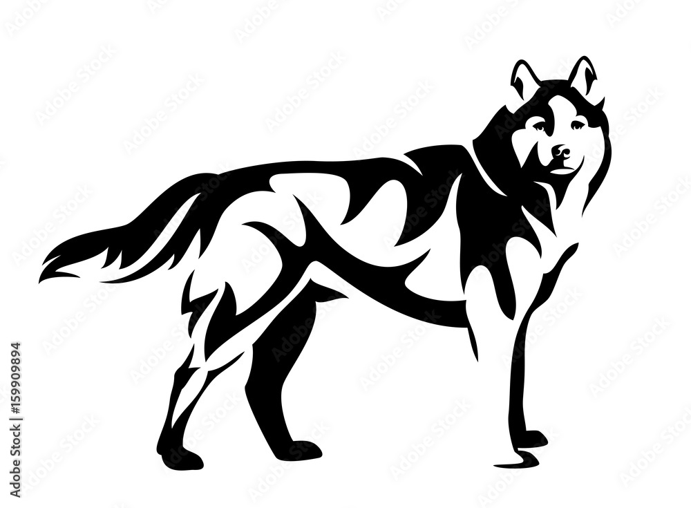 standing husky dog side view black and white vector design