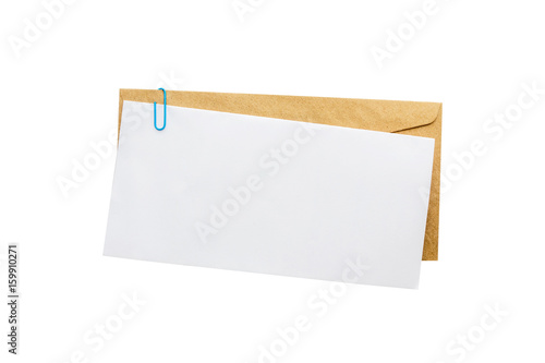Blank message or invitation card with brown envelope.isolated on white background with clipping path.