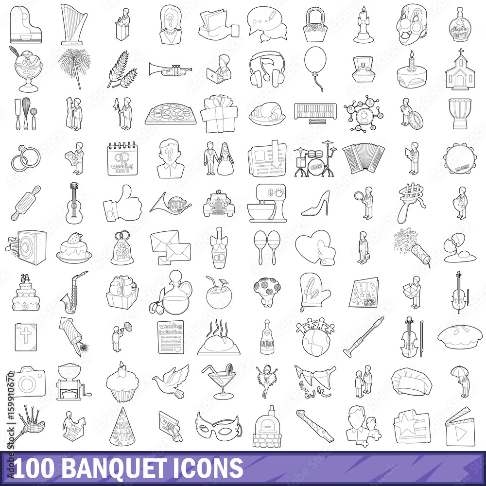 100 banquet icons set, outline style 100 banquet icons set, outline style