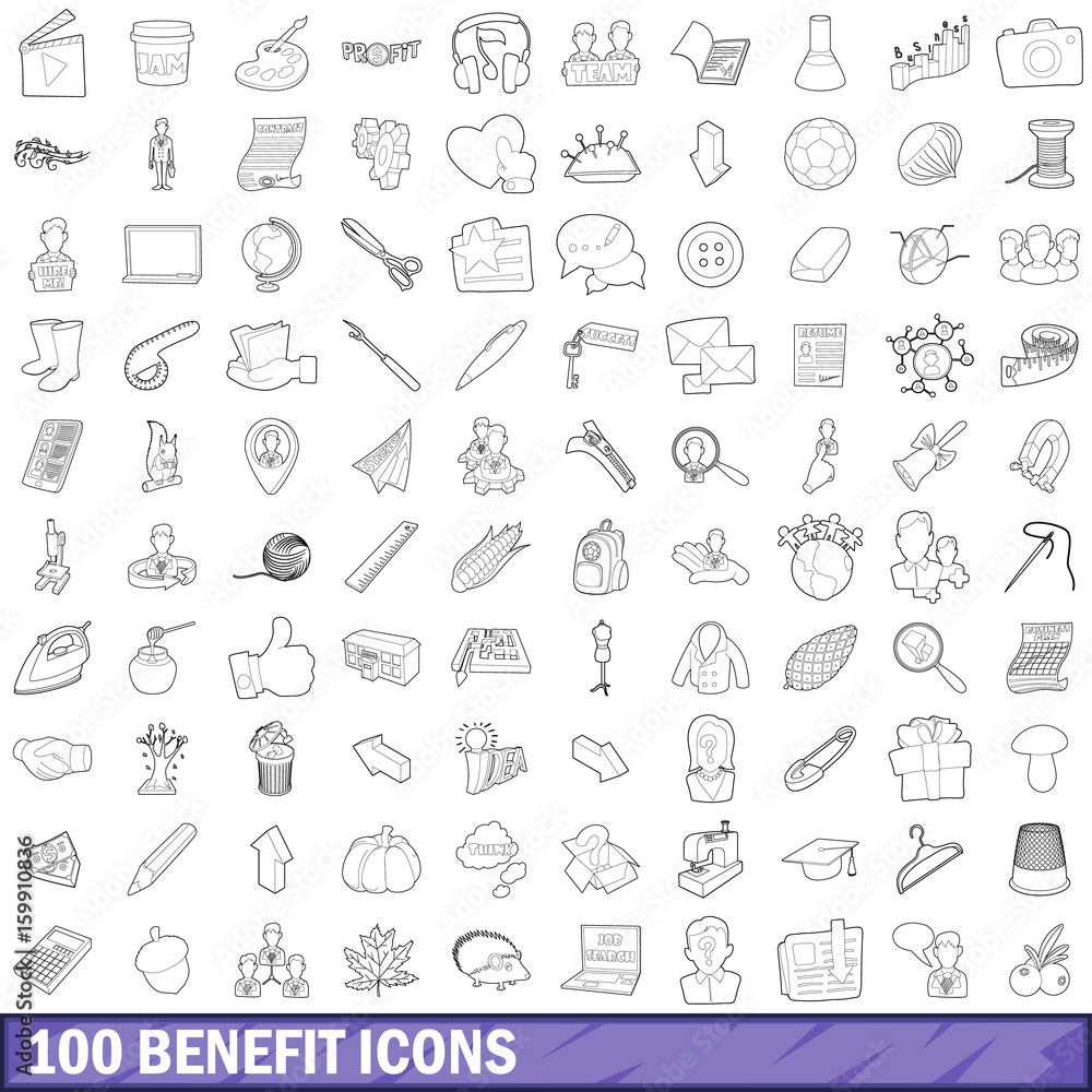 100 benefit icons set, outline style 100 benefit icons set, outline style