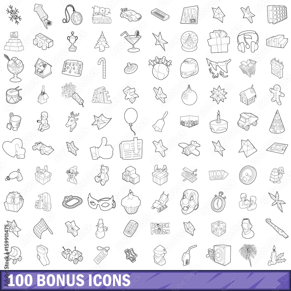 100 bonus icons set, outline style 100 bonus icons set, outline style