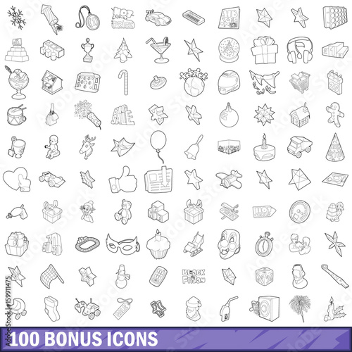 100 bonus icons set, outline style