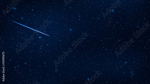 A realistic starry sky with a blue glow. Beautiful shooting star. The meteorite is falling. Shining stars in the dark sky. Background, wallpaper for your project. Vector illustration