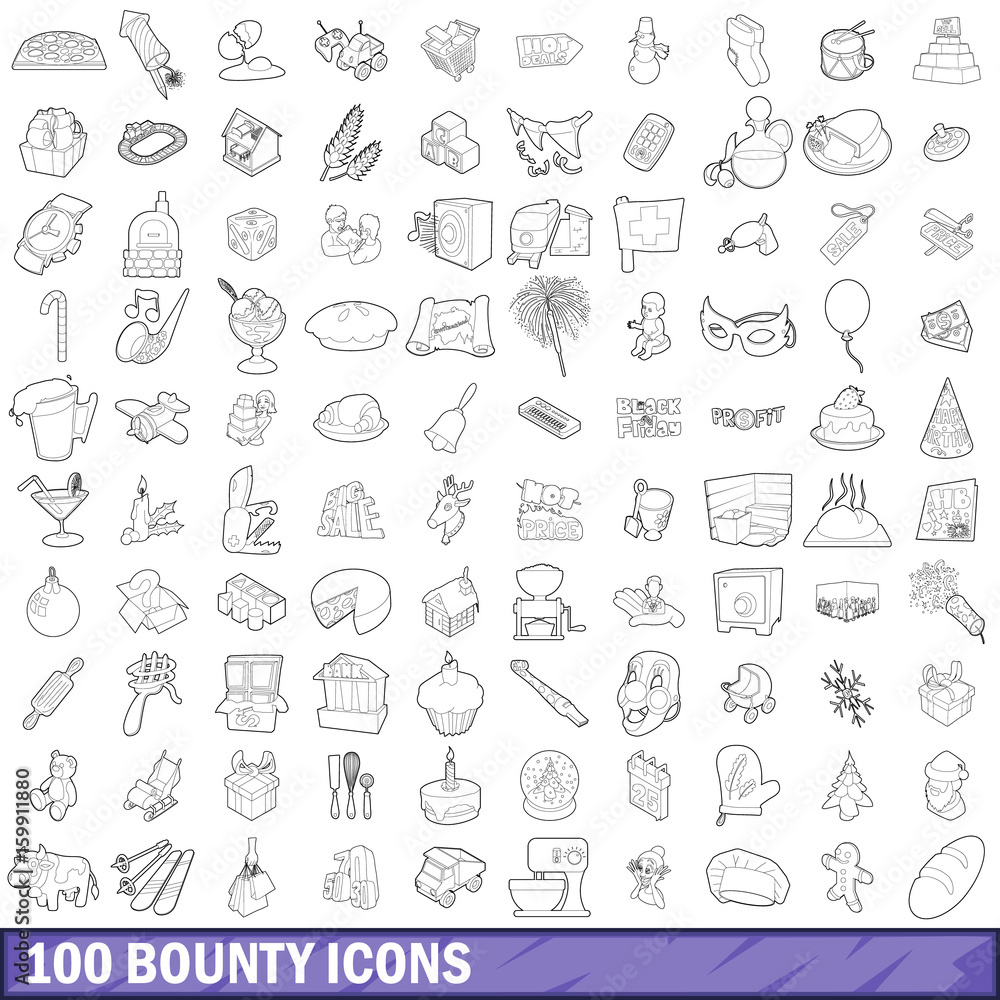 100 bounty icons set, outline style 100 bounty icons set, outline style