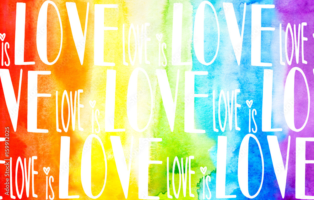 Gay love pride slogan with hand written lettering on a rainbow spectrum ...