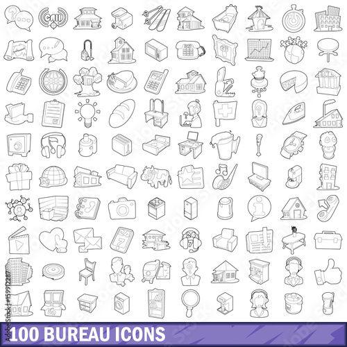 100 bureau icons set  outline style