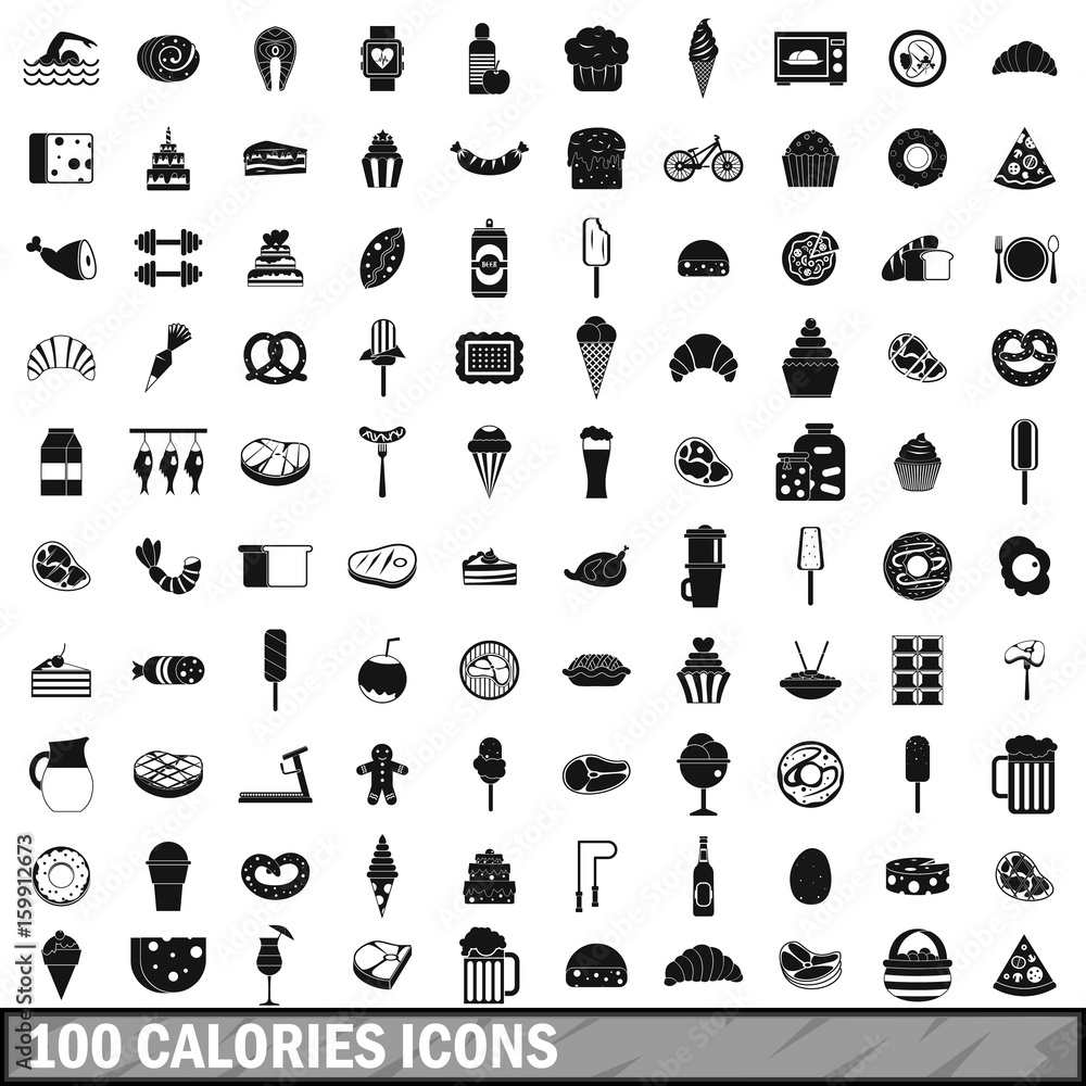 100 calories icons set, simple style 