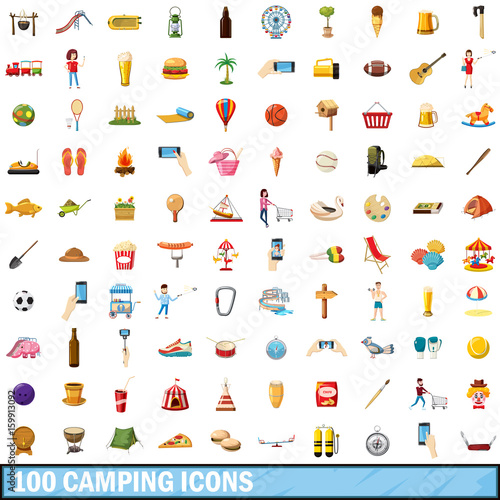 100 camping icons set, cartoon style