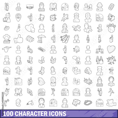 100 character icons set, outline style