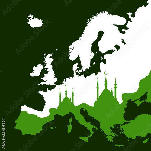 Expansion of Islam in Europe. Islamic religion with mosques are spreading over the territory of the continent. Muslims as majority in the society. Cultural and religious islamization  photo