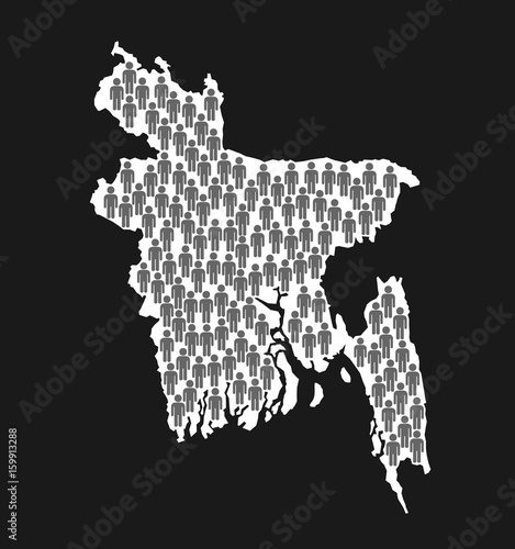 Silhouette of Bangladesh with symbol of man. Human overpopulation in Bangladeshi state - crowded area, uncontrolled birth rate, humanitarian catastrophe, unsustainable demography. Vector illustration 