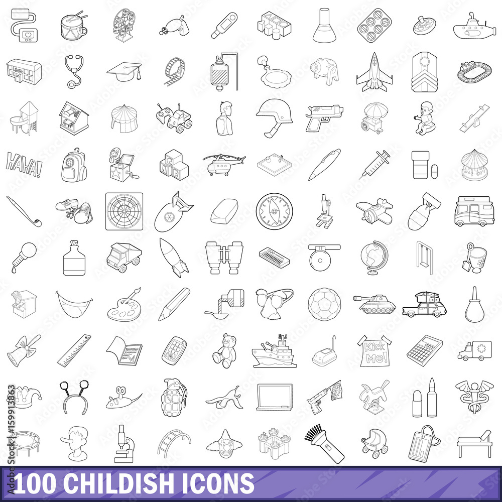 100 childish icons set, outline style 100 childish icons set, outline style
