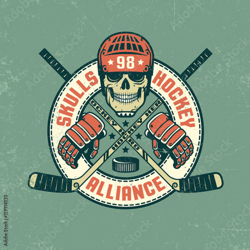 Hockey logo, poster with skull, in retro coloring. Grunge texture on separate layer and can be easily disabled.