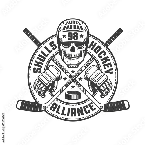 Vintage monochrome hockey emblem with a skull, sticks, gloves and a circular ribbon. Vector illustration.